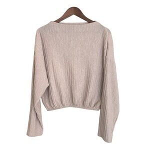 Zara Textured‎ Crop Top L Beige Long Sleeve Elastic Hem Lightweight